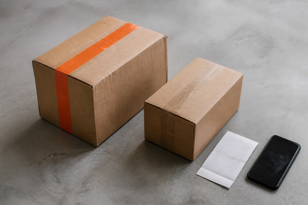 Colis de commande en ligne posé sur une table avec bordereau de retour et smartphone