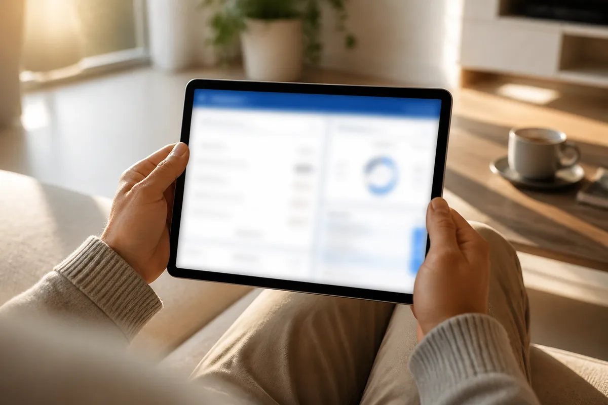 Personne consultant un relevé bancaire sur une tablette dans un salon lumineux
